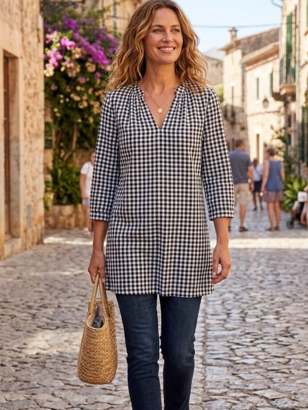 J. Crew Womens Linen Cotton Navy White Check Tunic Shirt Sz S Preppy 3/4 Sleeve